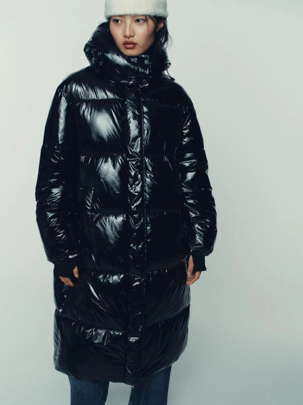 Zara Black Label Glossy Long Puffer Coat Size S NWT